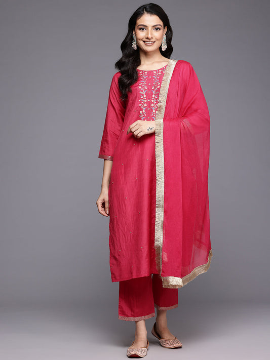 Dhiyona VR Women's Fuchsia Thread And Zari Embroidered Sequins Embellished Kurta Set With Dupatta