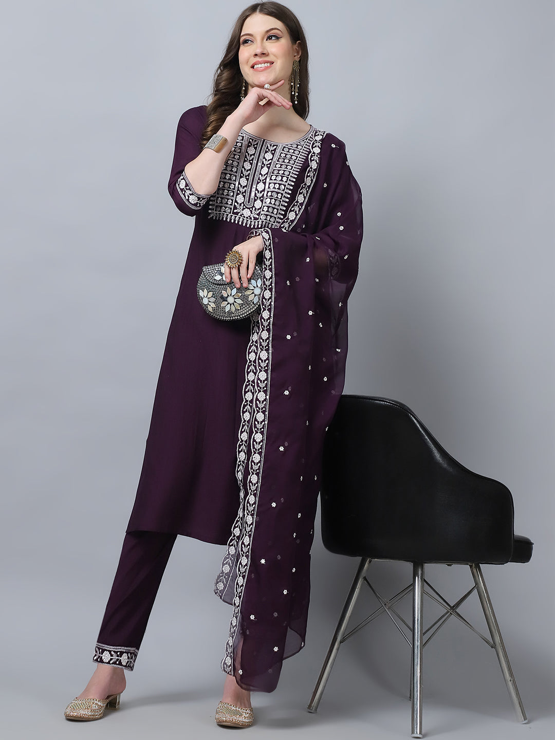 Women's Wine Embroidery  silk  Kurta, Pant And Dupatta Set