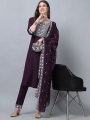 Women's Wine Embroidery  silk  Kurta, Pant And Dupatta Set