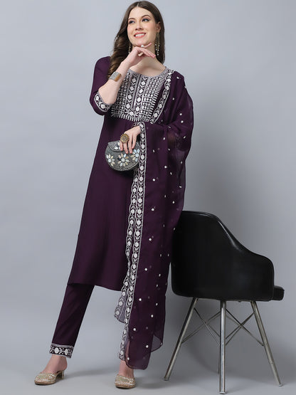 Women's Wine Embroidery  silk  Kurta, Pant And Dupatta Set