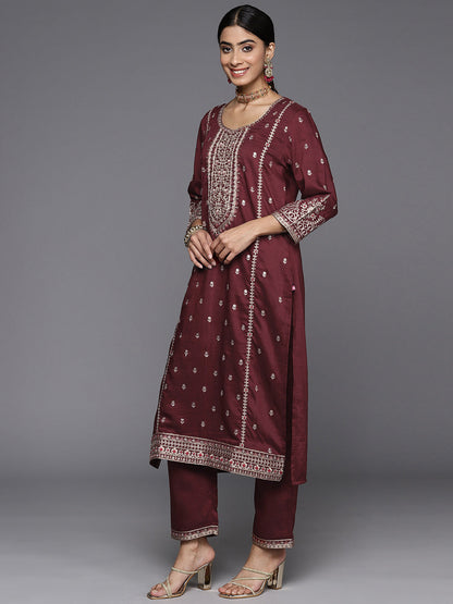 Dhiyona VR Women's Maroon Embroidered Kurta Paired With Tonal Bottom And Dupatta