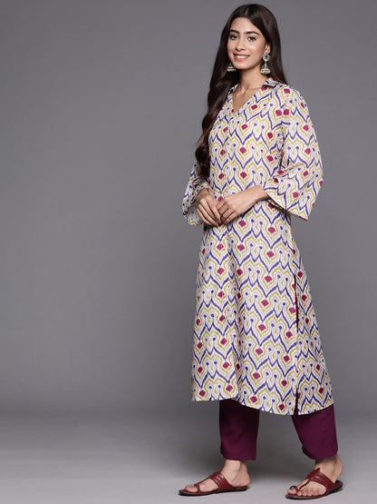 Dhiyona VR Women's Off White Ikat Printed Shirt Collar Straight Kurta Paired With Violet Solid Bottom