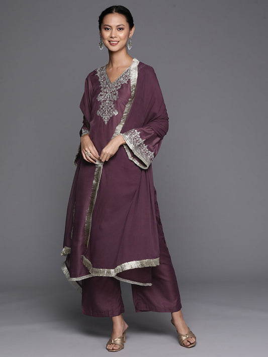 Dhiyona VR Women's Mauve V-Neck Yoke Embroidered Straight Kurta With Fringes Hem Paired With Tonal Bottom And Tonal Dupatta With Fringes