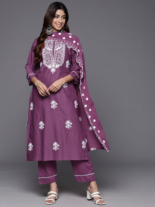 Dhiyona VR Women's Purple Thread Embroidered Kurta With Tonal Bottom And Dupatta