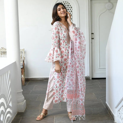 Women White Floral Print Pure Cotton Kurta And Pant Set