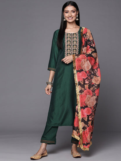 Dhiyona VR Women's Thread Embroidered Kurta Paired With Straight Pant And Digital Printed Dupatta