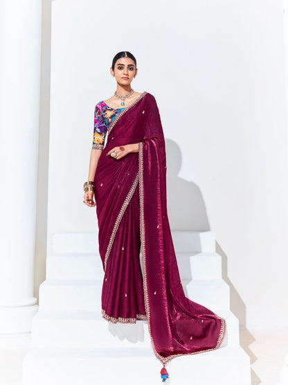 Dhiyona KM Women Wine Silk Saree With Vibrant Floral Blouse “ A Statement Of Luxury