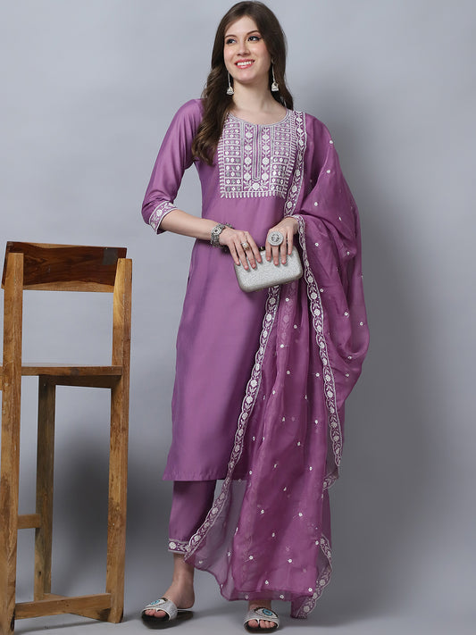 Women's Pink Embroidery  silk  Kurta, Pant And Dupatta Set