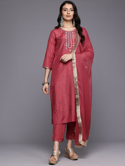 Dhiyona VR Women's Maroon Thread And Zari Embroidered Sequins Embellished Kurta Set With Dupatta