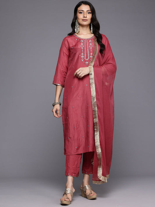 Dhiyona VR Women's Maroon Thread And Zari Embroidered Sequins Embellished Kurta Set With Dupatta