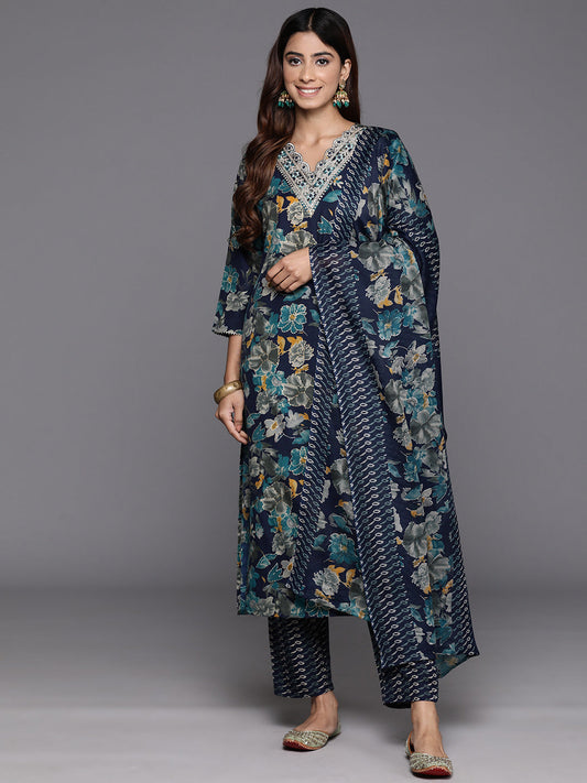 Dhiyona VR Women's Blue Floral Print And Embroidered Kurta With Bottom And Dupatta