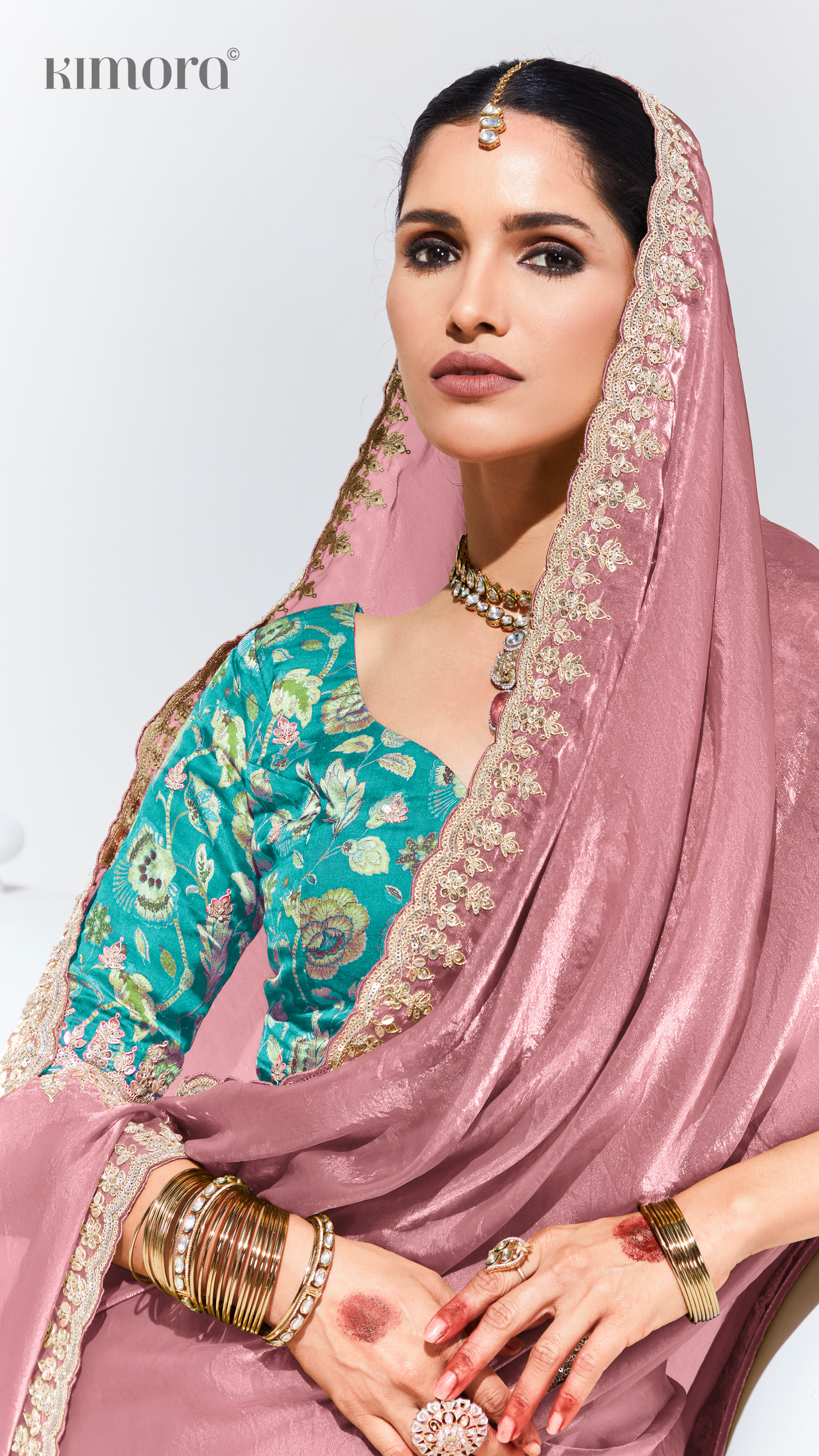 Dhiyona KM Women Pure Silk Saree With Crushed Texture & Multicolor Green Silk Blouse