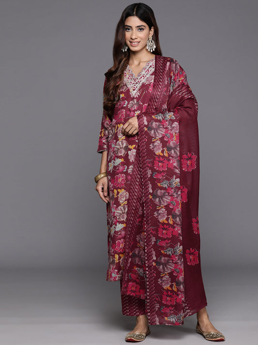 Dhiyona VR Women's Maroon Floral Printed Embroidered Kurta Paired With Bottom And Dupatta