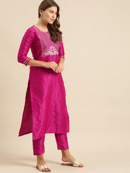 Dhiyona VR Women's Magenta Zari And Gota Patti Embroidery Kurta With Trouser With Multi Color Silk Dupatta