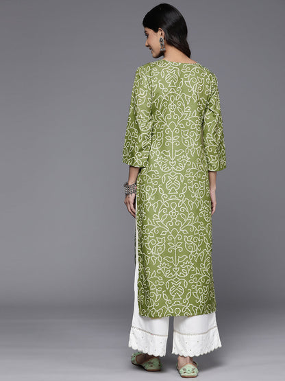 Dhiyona VR Women's Olive Bhandhani Print Gota Yoke Embroidered Kurta With Round Neck And With Tassel Detailings