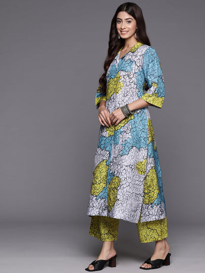 Dhiyona VR Women's Blue And Green Abstract Printed Shirt Collar, Straight Kurta With Side And Front Slits Paired With Printed Bottom
