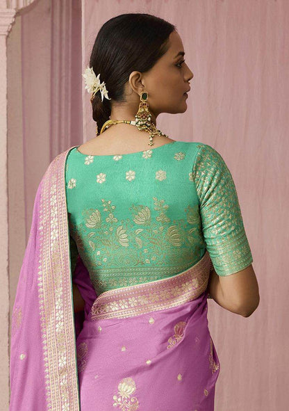 Dhiyona KM Women Lavender Dola Silk Saree With Green Golden Embroidered Blouse
