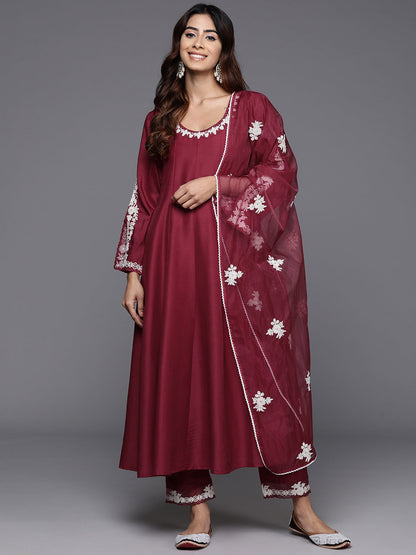 Dhiyona VR Women's Thread Embroidered Round Neck With Full Sleeve Anarkali Kurta Paied With Tonal Bottom And Dupatta