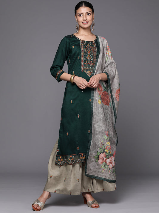 Dhiyona VR Women's Green Three Quater Sleeve Embroidered Kurta Paired With Sharara And Dupatta