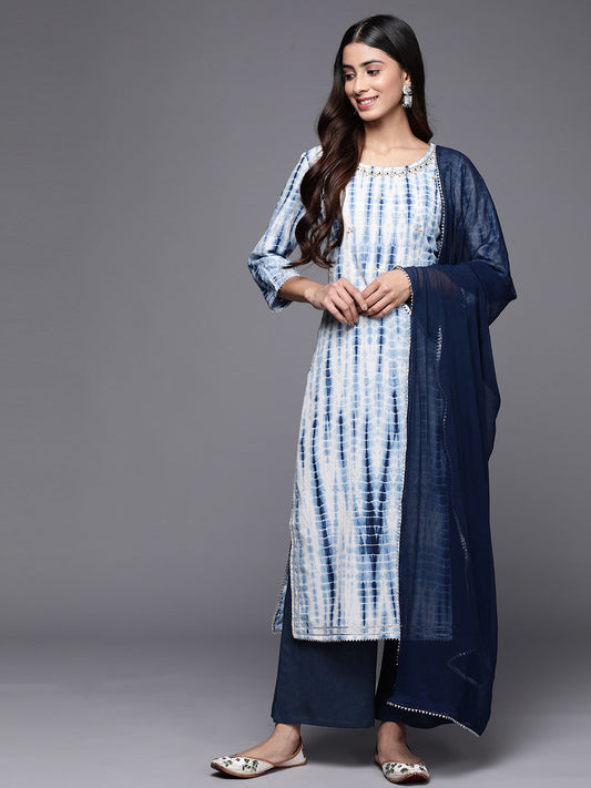 Dhiyona VR Women's Straight Kurta With Round Neck Paired With Blue Solid Palazzo And Blue Solid Dupatta