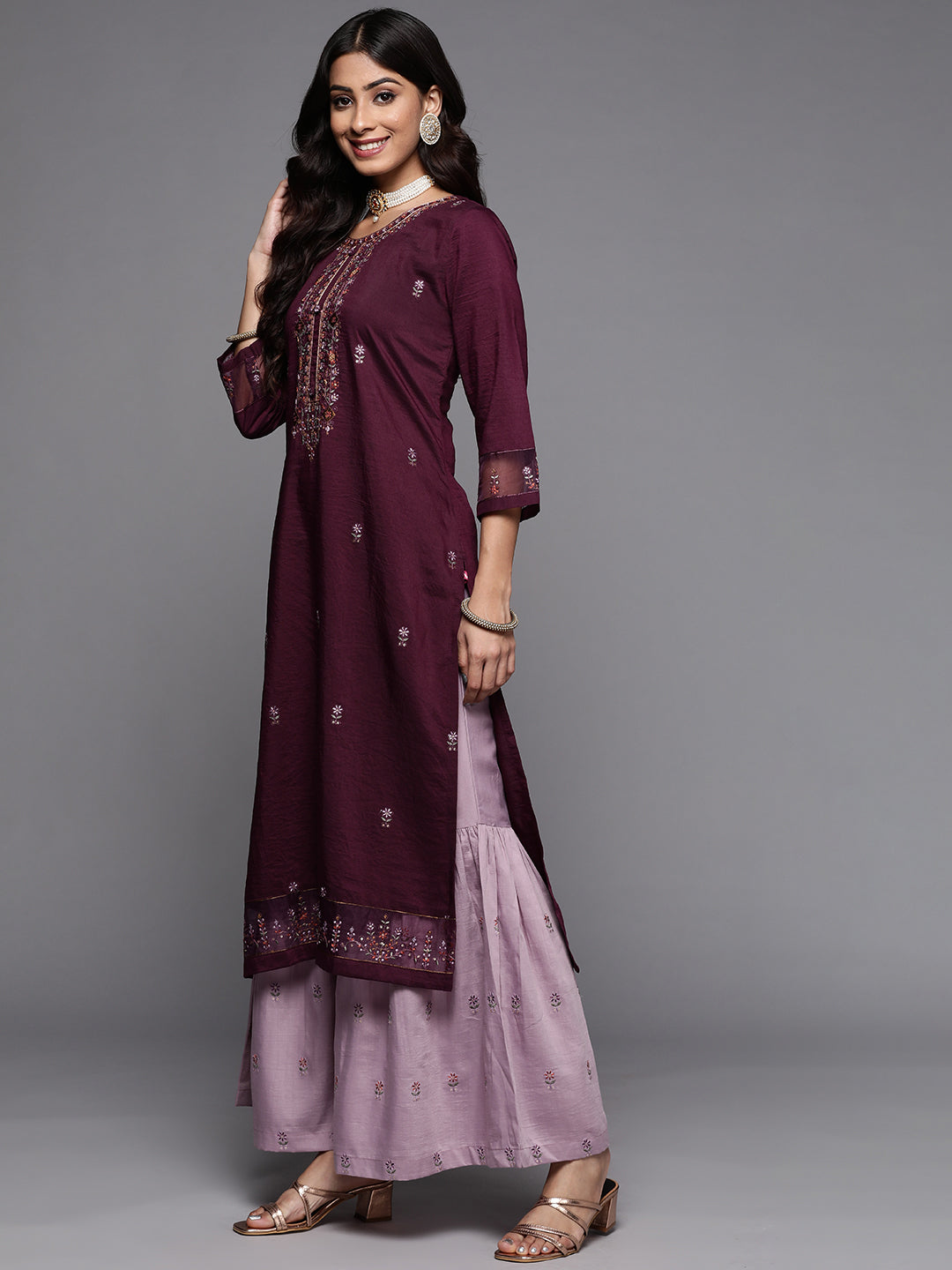 Dhiyona VR Women's Embroidered Kurta Paired With Contrast Color Sharara And Dupatta