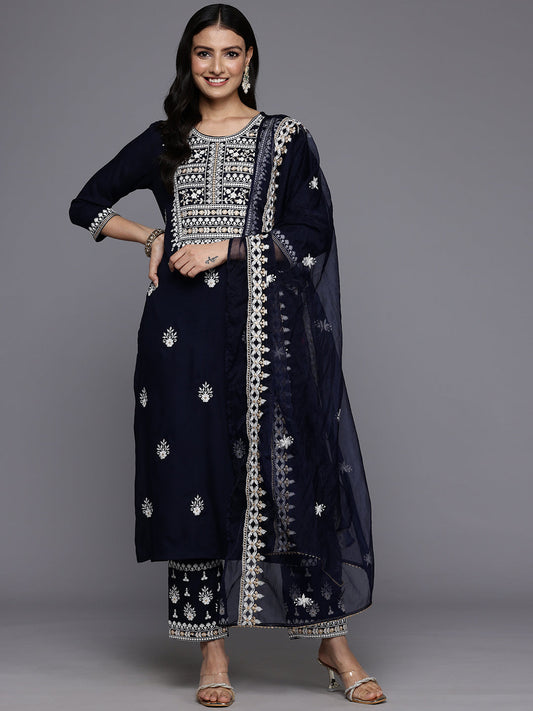 Dhiyona VR Women's Navy Blue Round Neck Thread Embroidered Kurta Paired With Bottom And Dupatta
