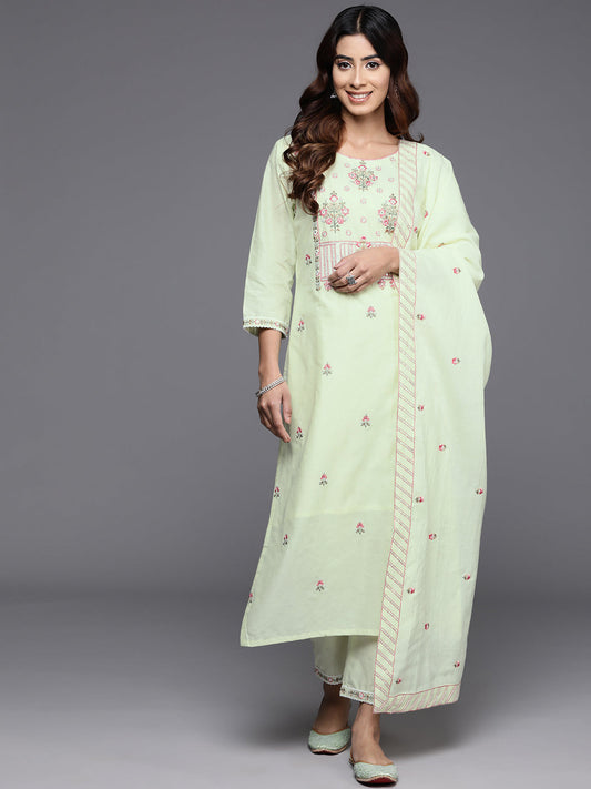 Dhiyona VR Women's Green Thread And Sequins Embroidered Kurta With Tonal Bottom And Dupatta