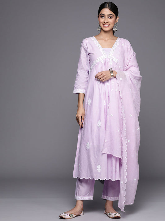 Dhiyona VR Women's Lavender Embroidered A-Line Empire Kurta Paired With Tonal Bottom And Tonal Embroidered Dupatta