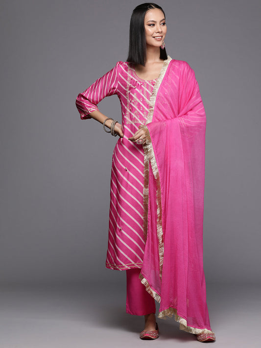 Dhiyona VR Women's Pink Pure Fabric, Lehariya Embroidered Straight Kurta Paired With Tonal Bottom And Dupatta