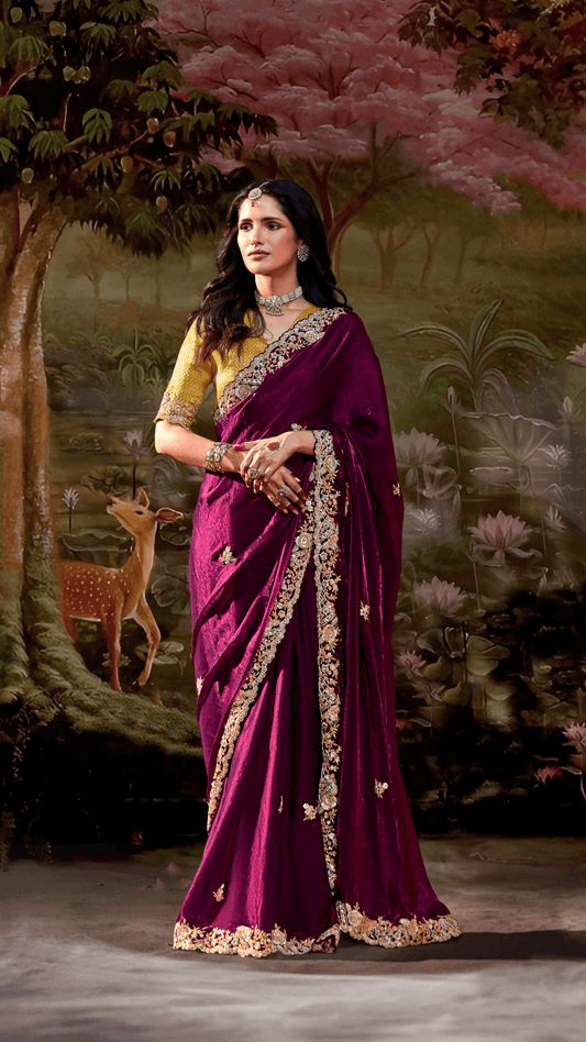 Dhiyona KM Women Wine Embroidered Organza Saree