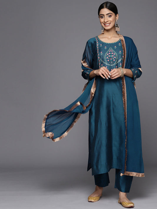 Dhiyona VR Women's Teal Embroidered Straight Kurta Paired With Tonal Bottom And Dupatta With Four Side Fringes