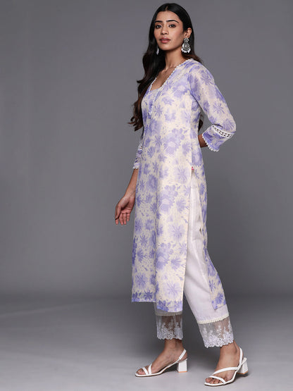 Dhiyona VR Women's Lavender Floral Printed V- Neck Three Quarter Sleeve Straight Kurta
