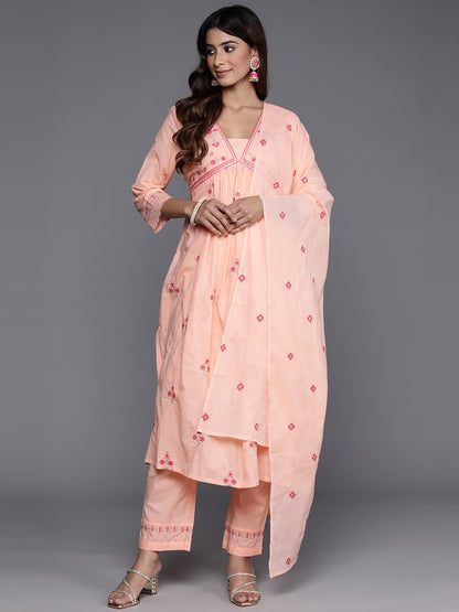 Dhiyona VR Women's Peach Thread And Sequins Embroidered Kurta With Tonal Bottom And Dupatta