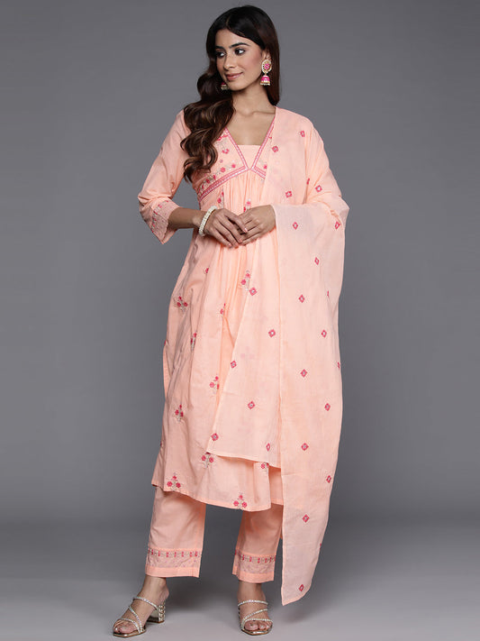 Dhiyona VR Women's Peach Thread And Sequins Embroidered Kurta With Tonal Bottom And Dupatta