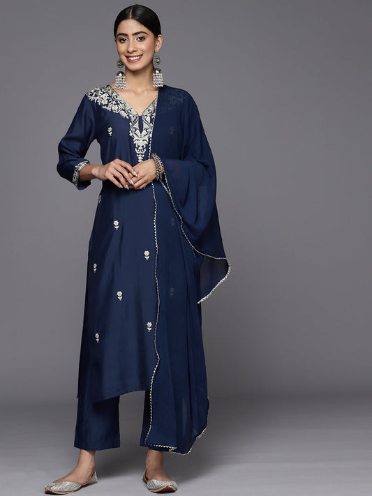 Dhiyona VR Women's Navy Blue Placement Design Zari Embroidered Kurta Paired With Tonal Bottom And Tonal Chiffon Dupatta