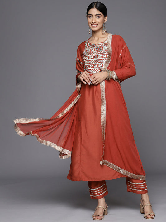 Dhiyona VR Women's Rust Mirror Work Yoke Embroidered Straight Kurta Paired With Tonal Bottom And Tonal Solid Dupatta With Four Side Fringes