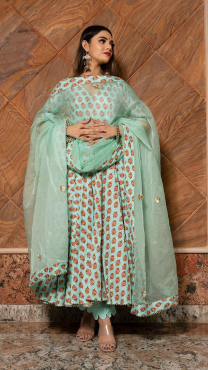 Lilly Of Valley Hand Block Anarkali Set