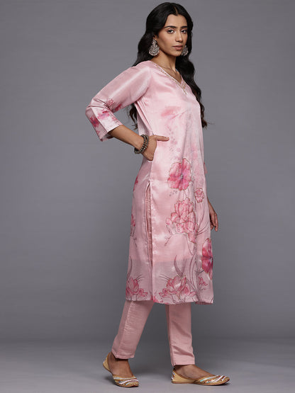 Dhiyona VR Women's Pink Silk Floral Printed Beads And Stones Embellished Kurta Set With Dupatta