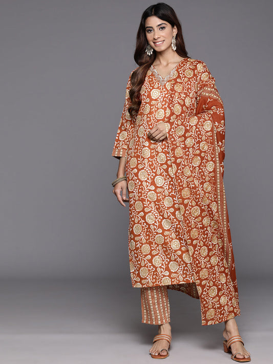 Dhiyona VR Women's Rust Floral Printed Kurta Paired With Bottom & Dupatta