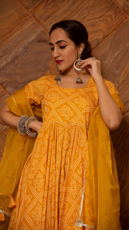 Bandhej Yellow Cotton Anarkali Set