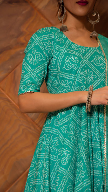 Bandhej Tiffany Blue Cotton Anarkali Set