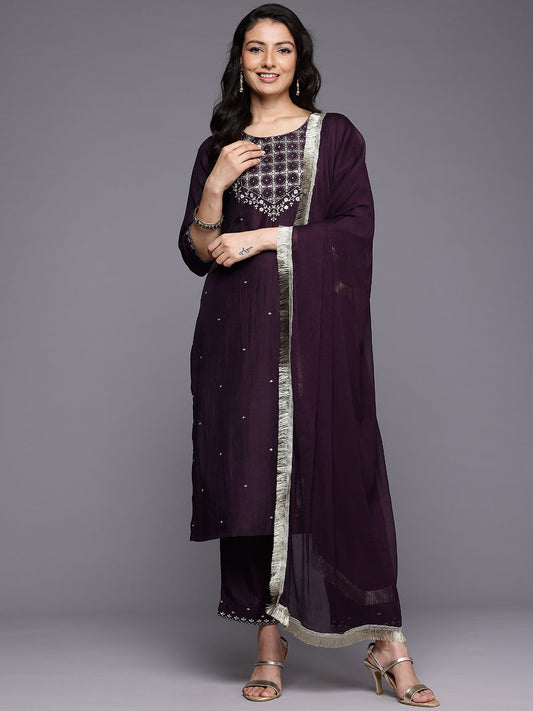 Dhiyona VR Women's Purple Thread Embroidered Sequins Embellished Straight Kurta Paired With Bottom And Dupatta