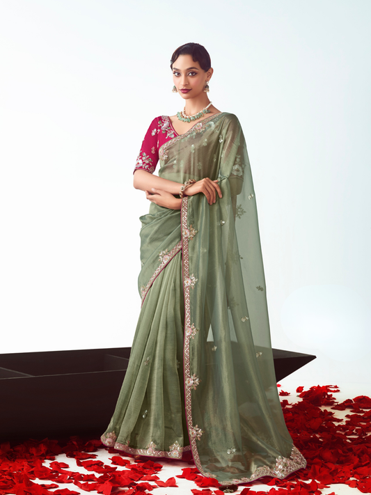 Dhiyona KM Women Olive Green Organza Silk Saree