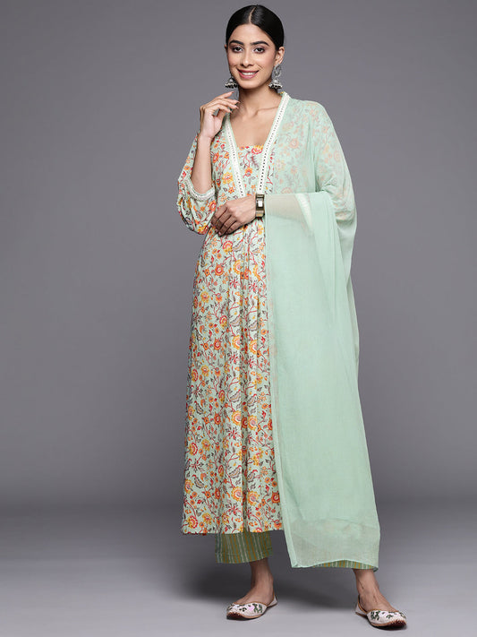 Dhiyona VR Women's Sea Green Floral Printed A-Line Kurta With Three Quarter Sleeves Paired With Printed Bottom And Solid Chiffon Dupatta