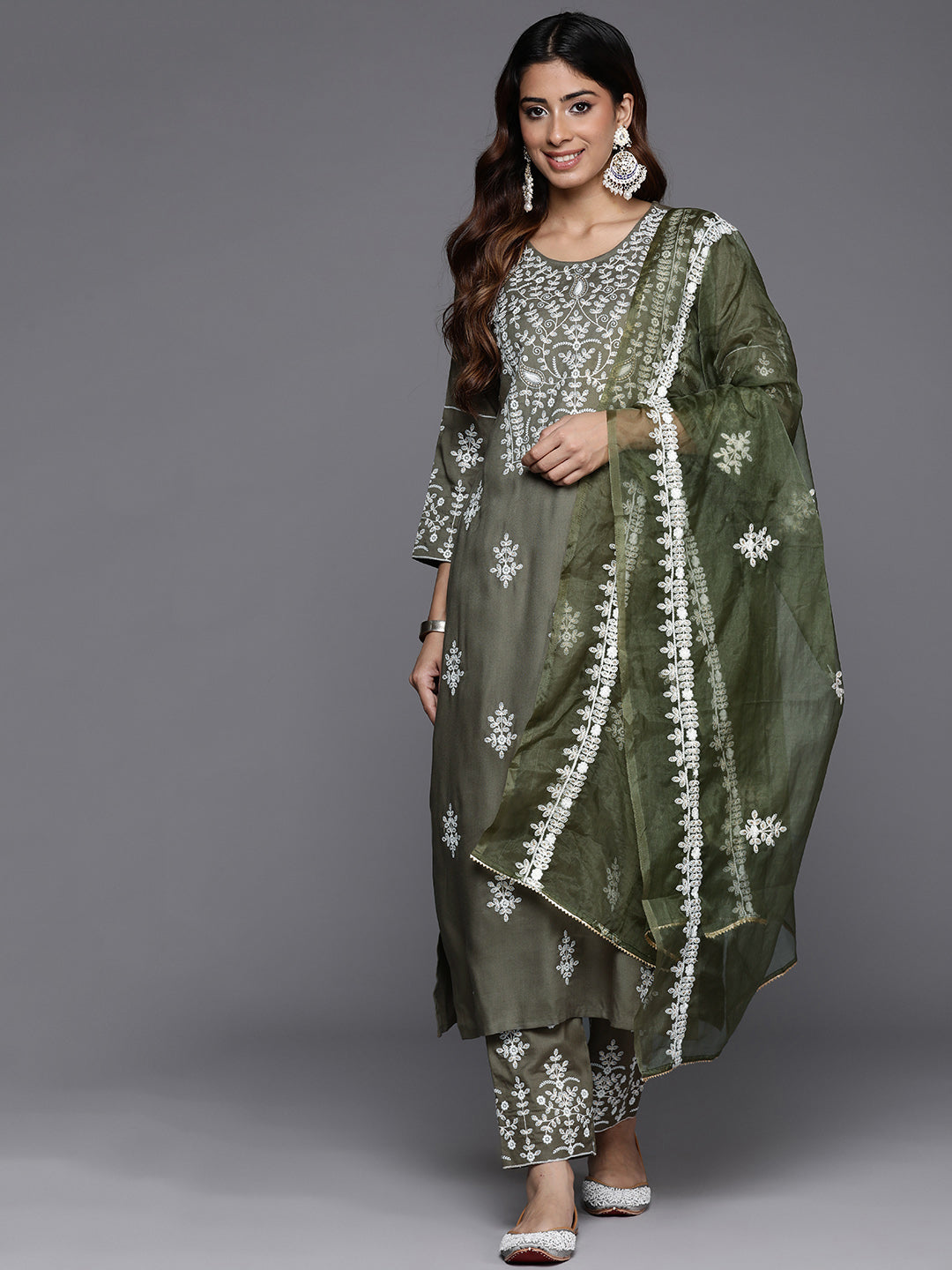 Dhiyona VR Women's Olive Embroidered Kurta Paired With Tonal Trouser And Dupatta