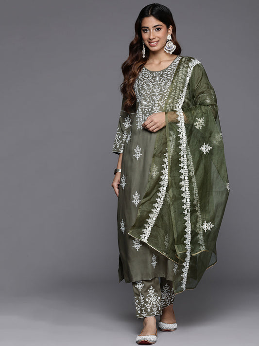 Dhiyona VR Women's Olive Embroidered Kurta Paired With Tonal Trouser And Dupatta
