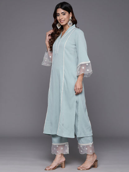 Dhiyona VR Women's Sea Green Organza And Lace Detailed Kurta Set