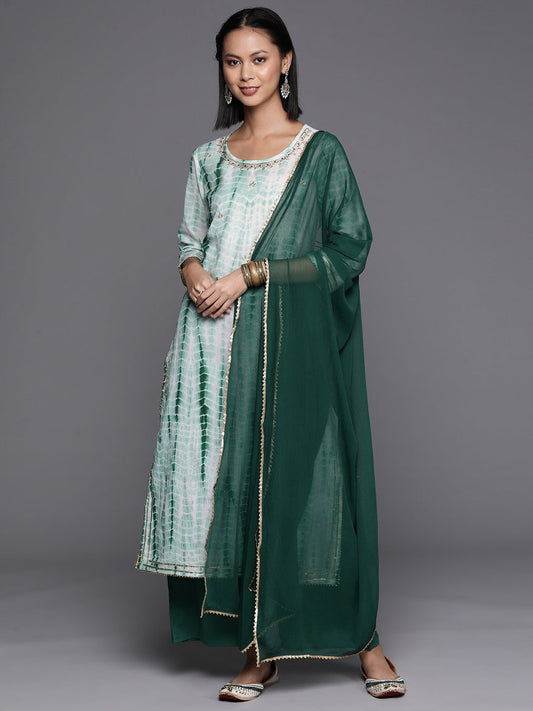 Dhiyona VR Women's Straight Kurta With Round Neck Paired With Green Solid Palazzo And Green Solid Dupatta