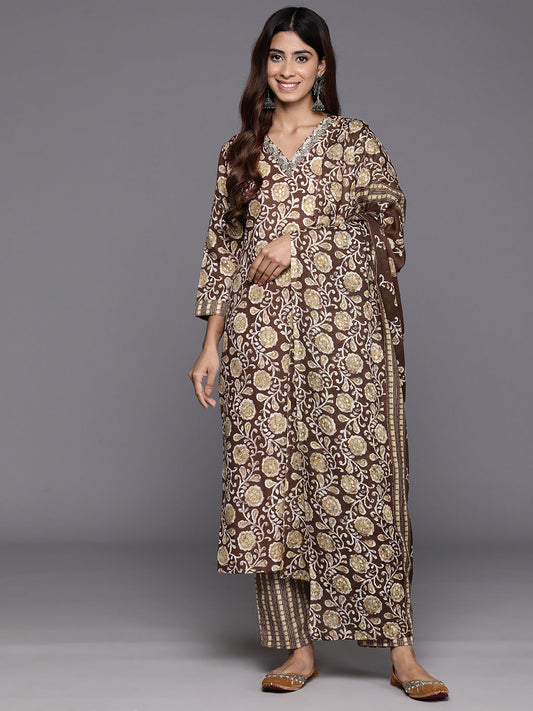 Dhiyona VR Women's Brown Floral Printed Kurta Paired With Bottom & Dupatta