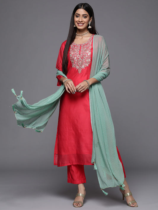 Dhiyona VR Women's Pink Embroidered Kurta Paired With Straight Tonal Bottom And Contrast Dupatta